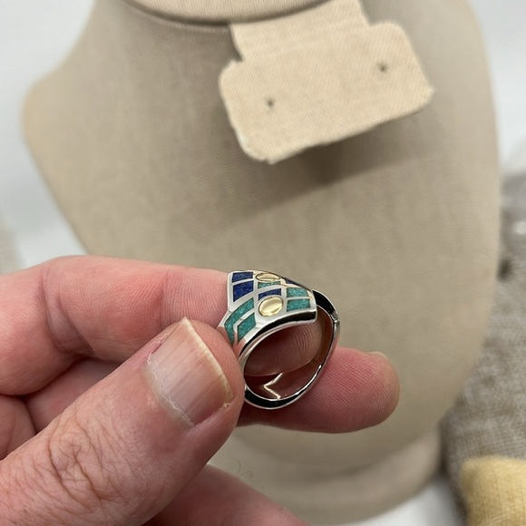 💍 Vintage CCO Coleman Turquoise Lapis Ring - Silver, 14K, Size 7 - Picture 3 of 15